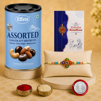 Colorful Rakhi for Brother with Choco Dryfruits 96gm, Coin & Card, Pack of 5