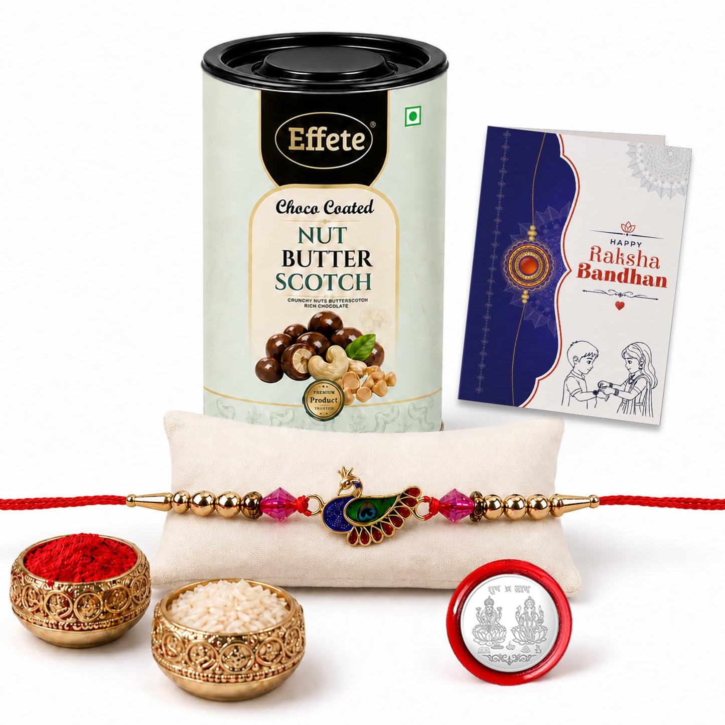Elegant Peahen Rakhi for Brother with Butter Scotch 96gm, Coin & Card, Pack of 5
