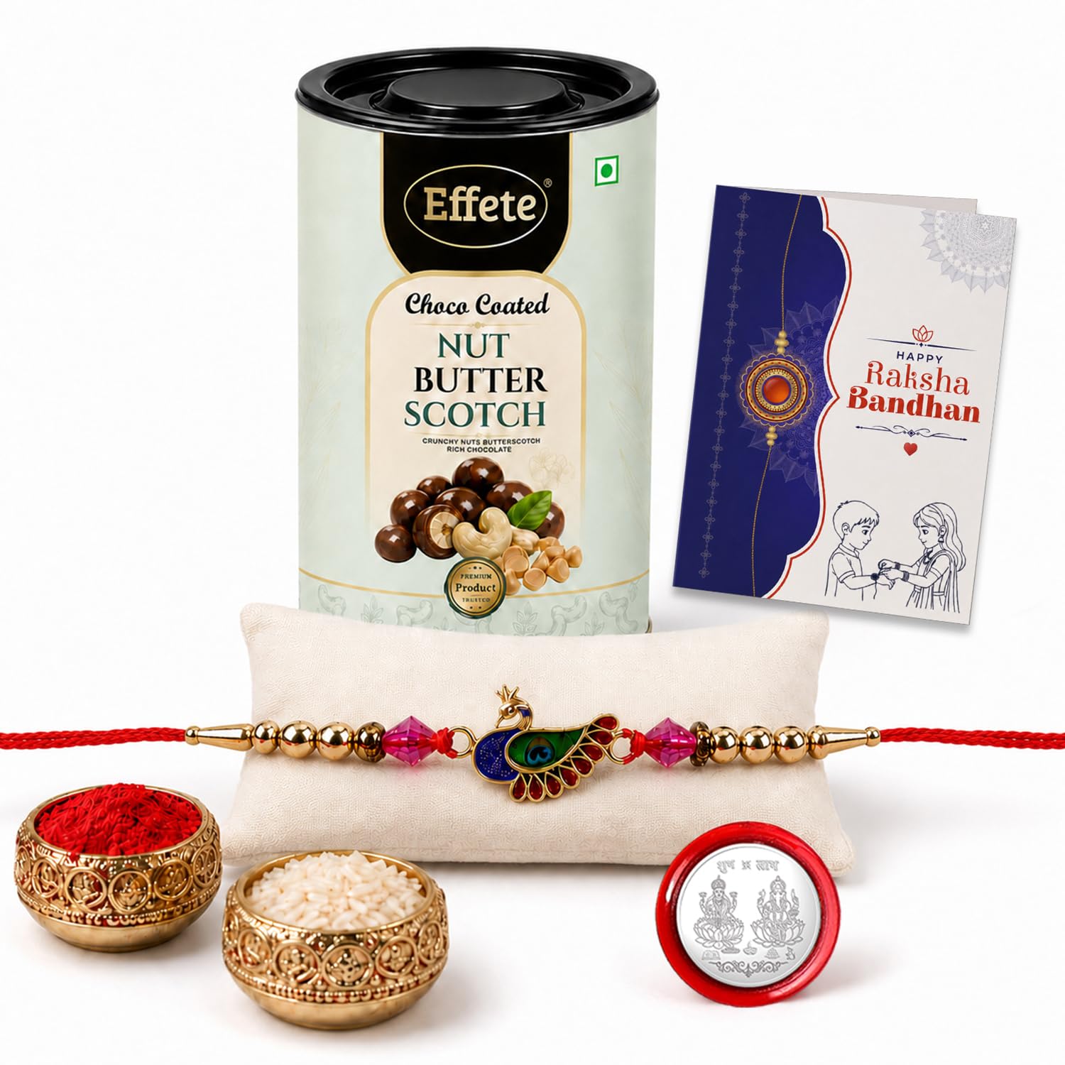 Elegant Peahen Rakhi for Brother with Butter Scotch 96gm, Coin & Card, Pack of 5