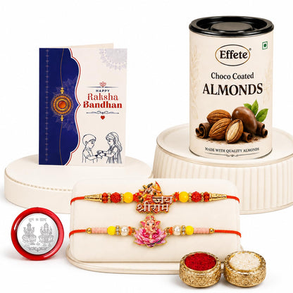 Shri Ram, Ganesha Rakhi Combo - Raksha Bandhan Gift with Choco Almonds 96gm, Pack of 6