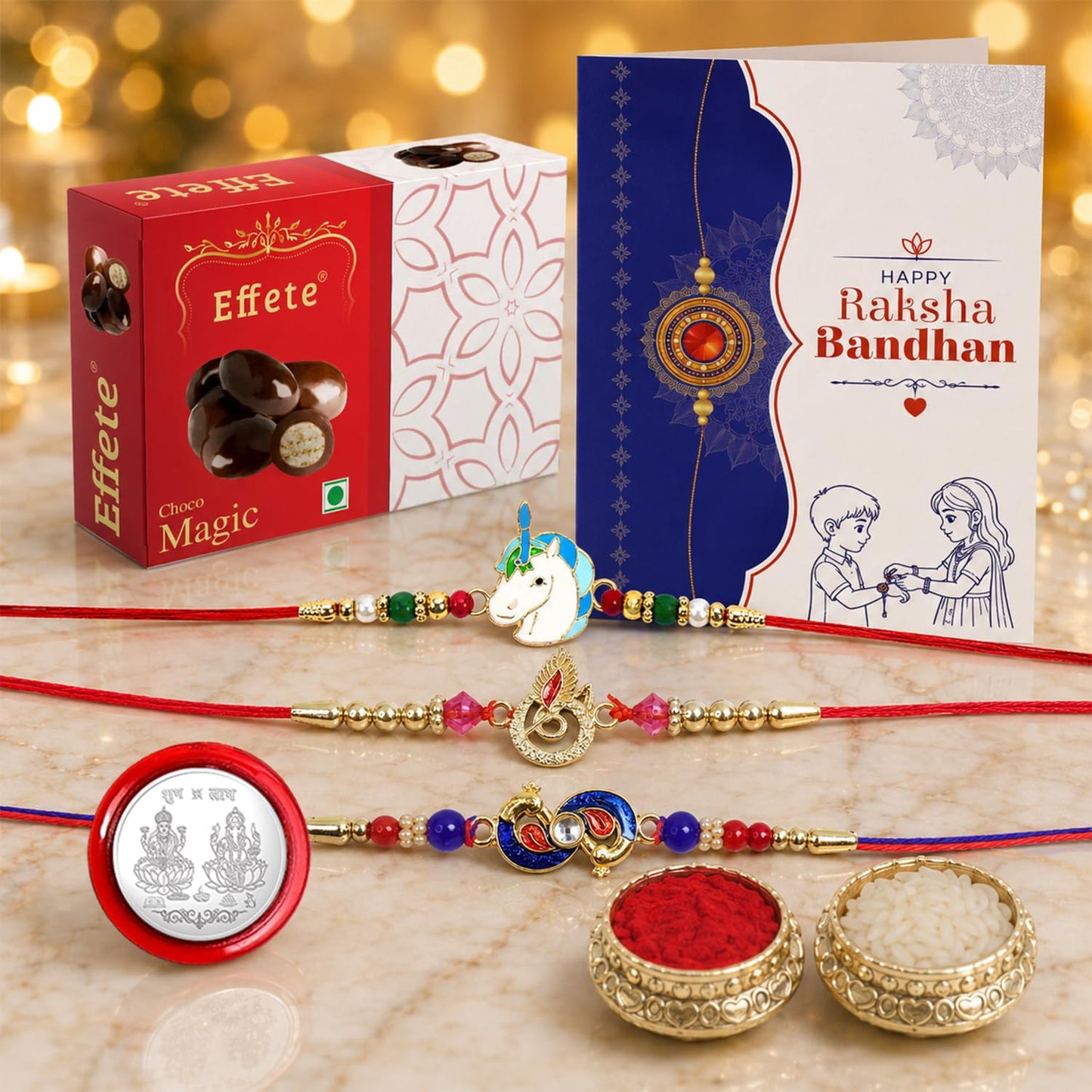 Unicorn Rakhi for Brother with Chocolate Magic 32gm, Roli Tikka & Card, Pack of 7