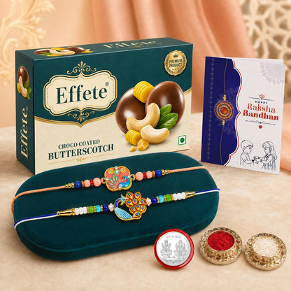 Peacock Rakhi Combo - Raksha Bandhan Gift with Choco Butterscotch 32gm, Pack of 6