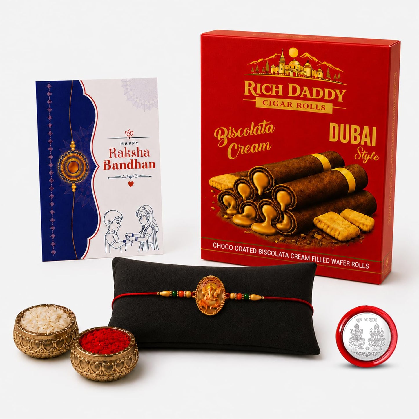 Ganesha Rakhi for Brother with Biscolata Wafer Rolls, Coin & Card, Pack of 5