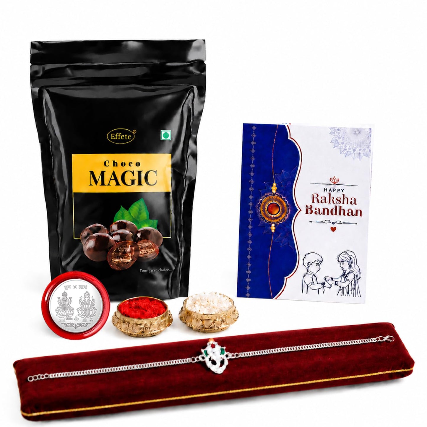 Ganu Ji Bracelet Rakhi for Brother with Choco Magic Pouch, Coin & Card, Pack of 5