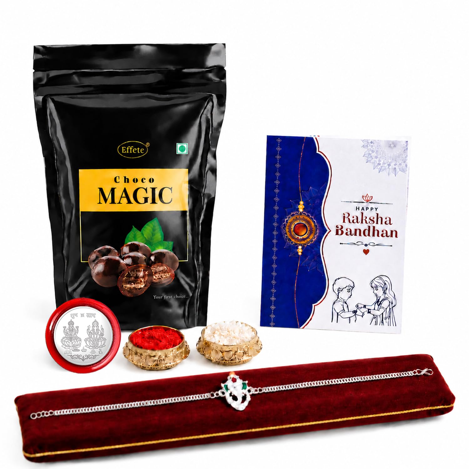 Ganu Ji Bracelet Rakhi for Brother with Choco Magic Pouch, Coin & Card, Pack of 5