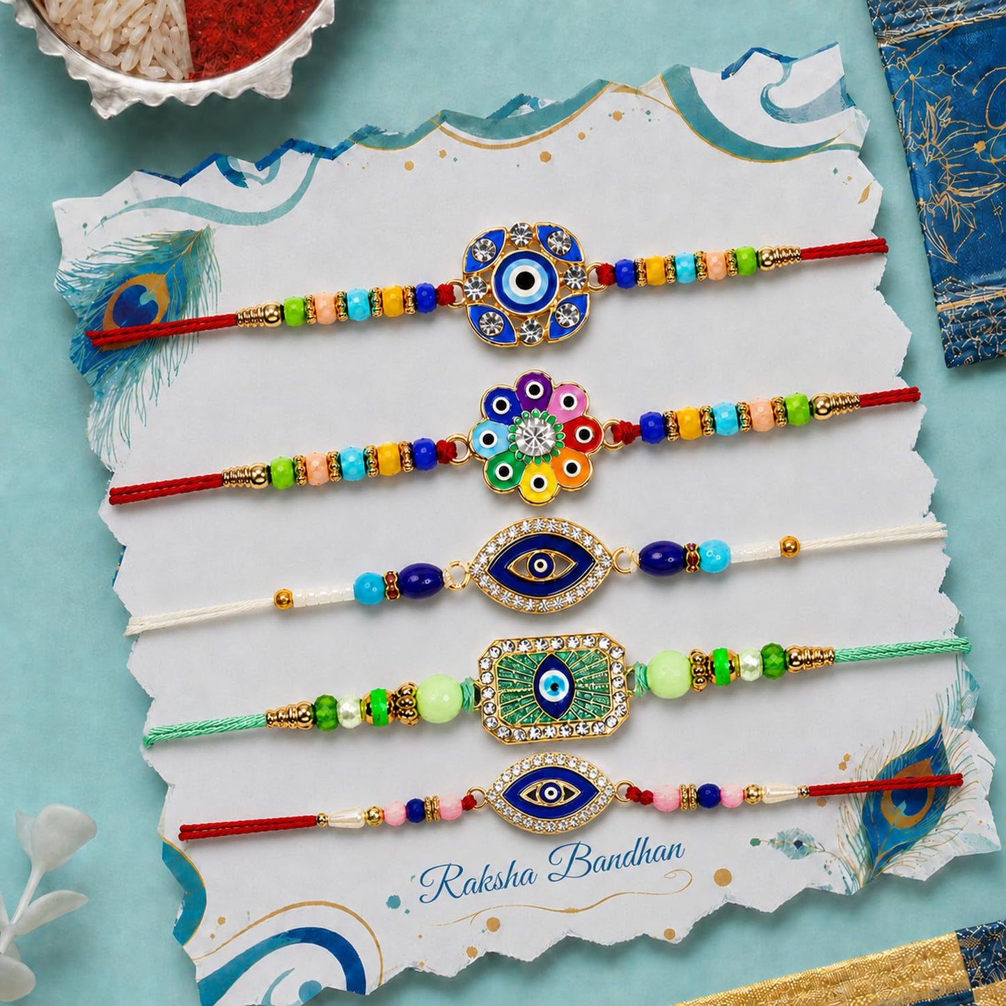 Designer Handcrafted Rakhi for Brother with Roli Tikka & Greeting Card, Pack of 8