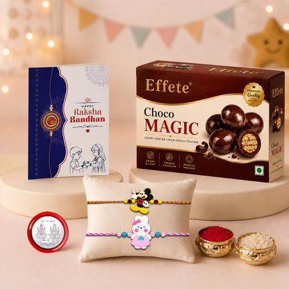 Kids Rakhi for Brother with Chocolate Magic 96gm, Roli Tikka & Card, Pack of 6