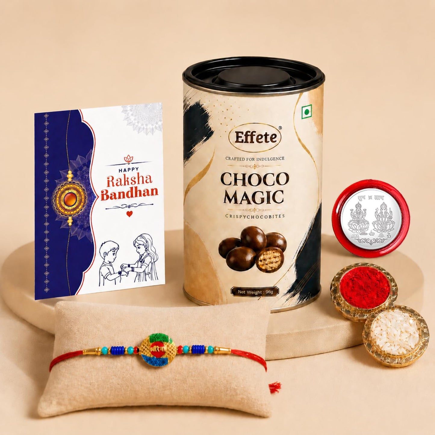 Stylish Colorful Rakhi for Brother with Choco Magic 96gm, Coin & Card, Pack of 5