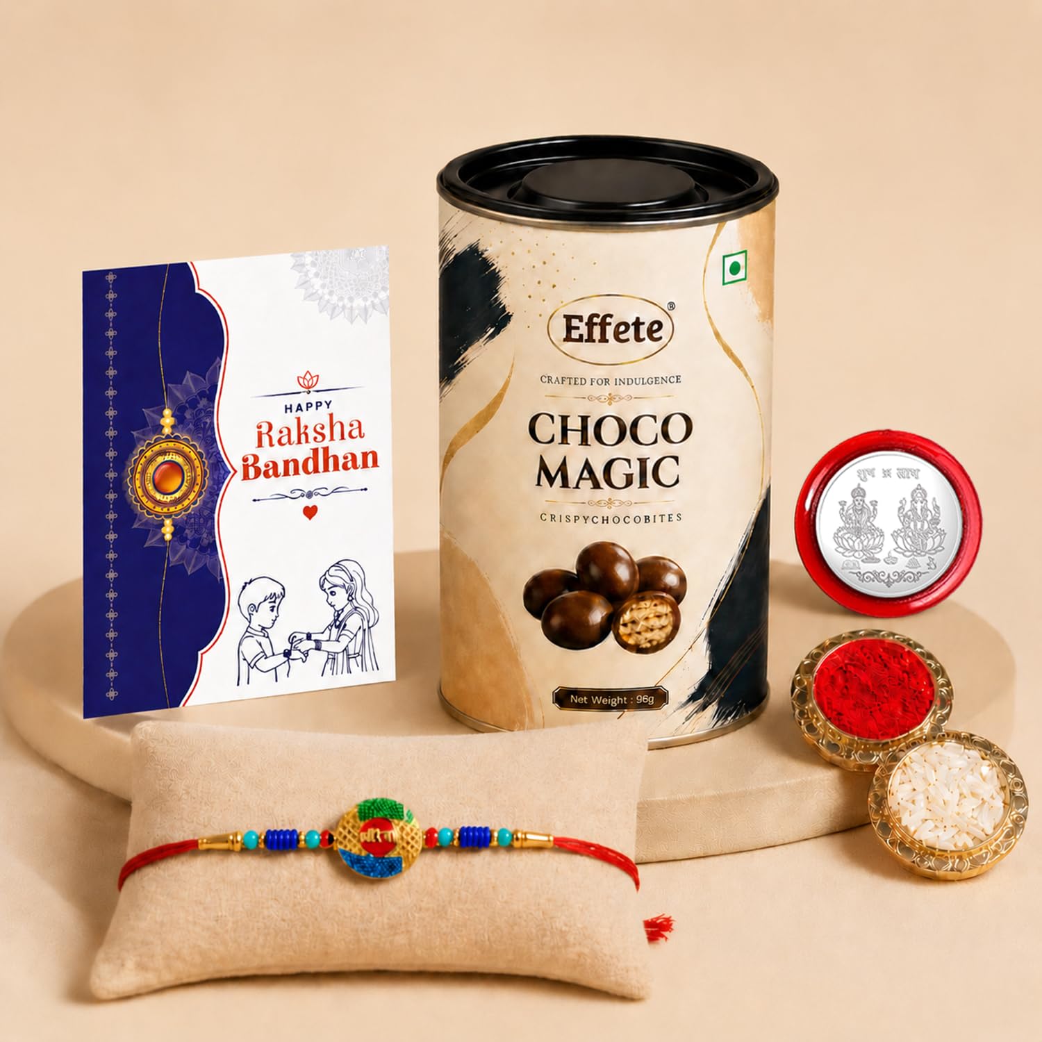 Stylish Colorful Rakhi for Brother with Choco Magic 96gm, Coin & Card, Pack of 5