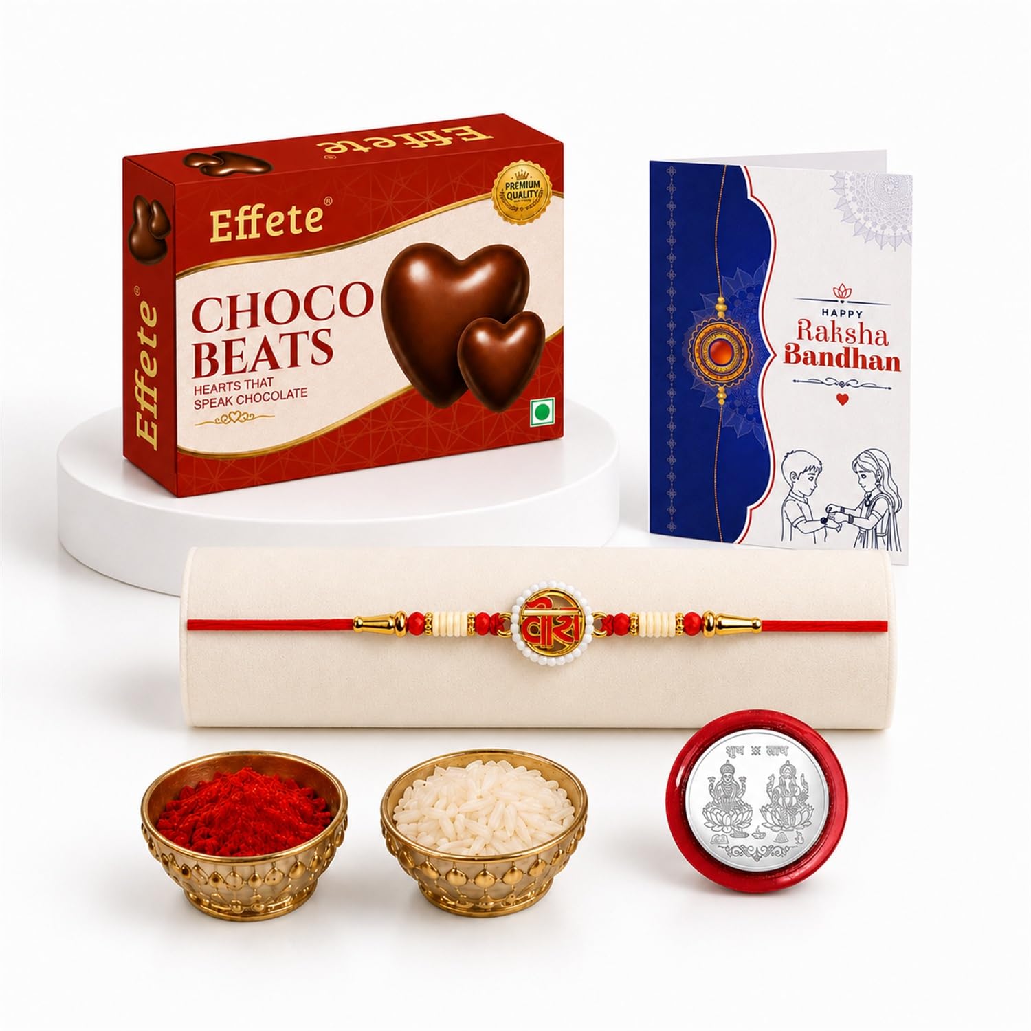 Veera Rakhi for Brother with Chocolate Beats 32gm, Roli Tikka & Card, Pack of 5