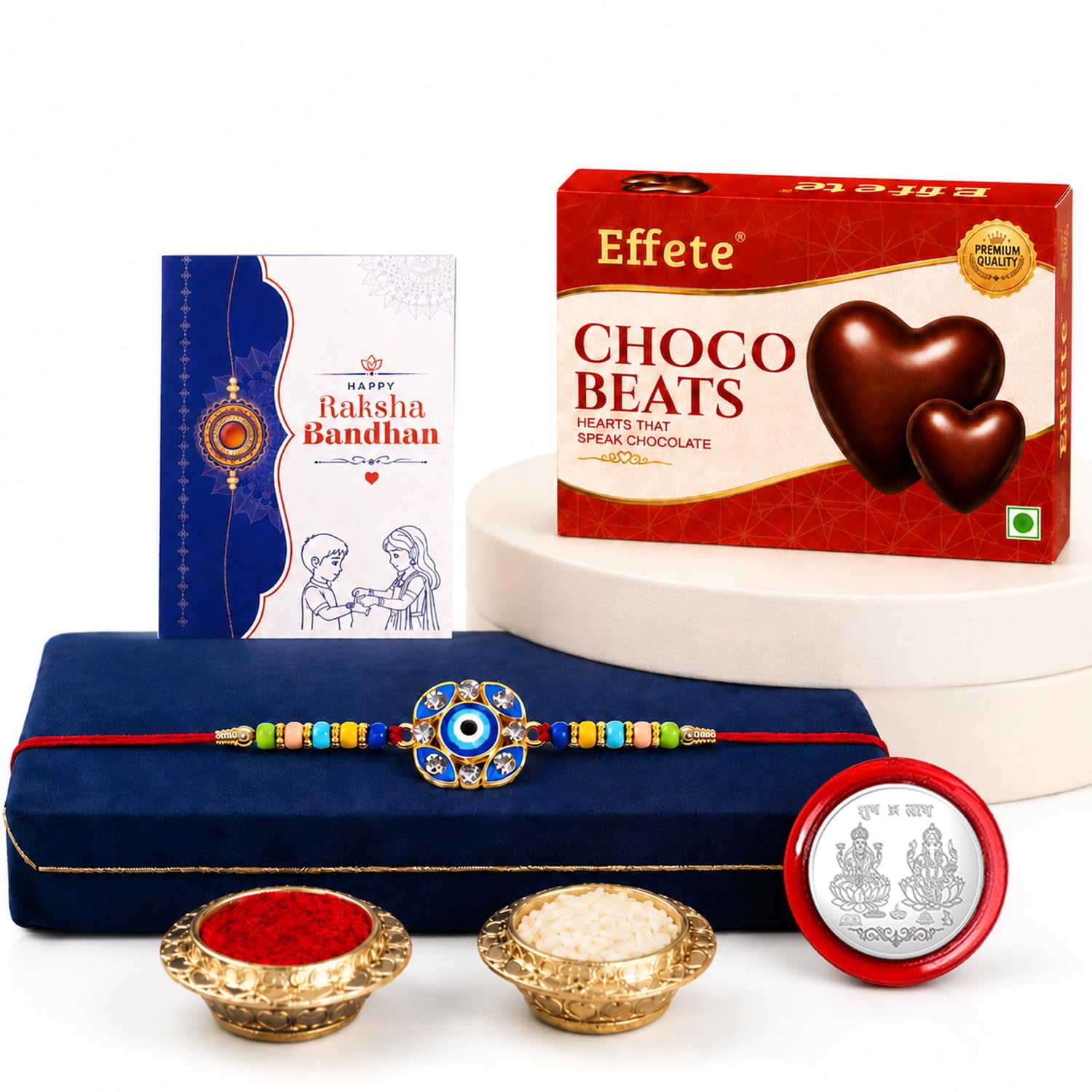 Evil Eye Rakhi for Brother with Choco Beats 32gm, Roli Tikka & Card - Pack of 5