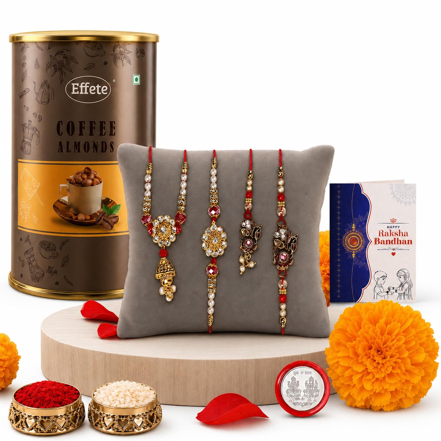 Designer Rakhi for Brother with Coffee Almond 96gm, Roli Tikka & Card, Pack of 6