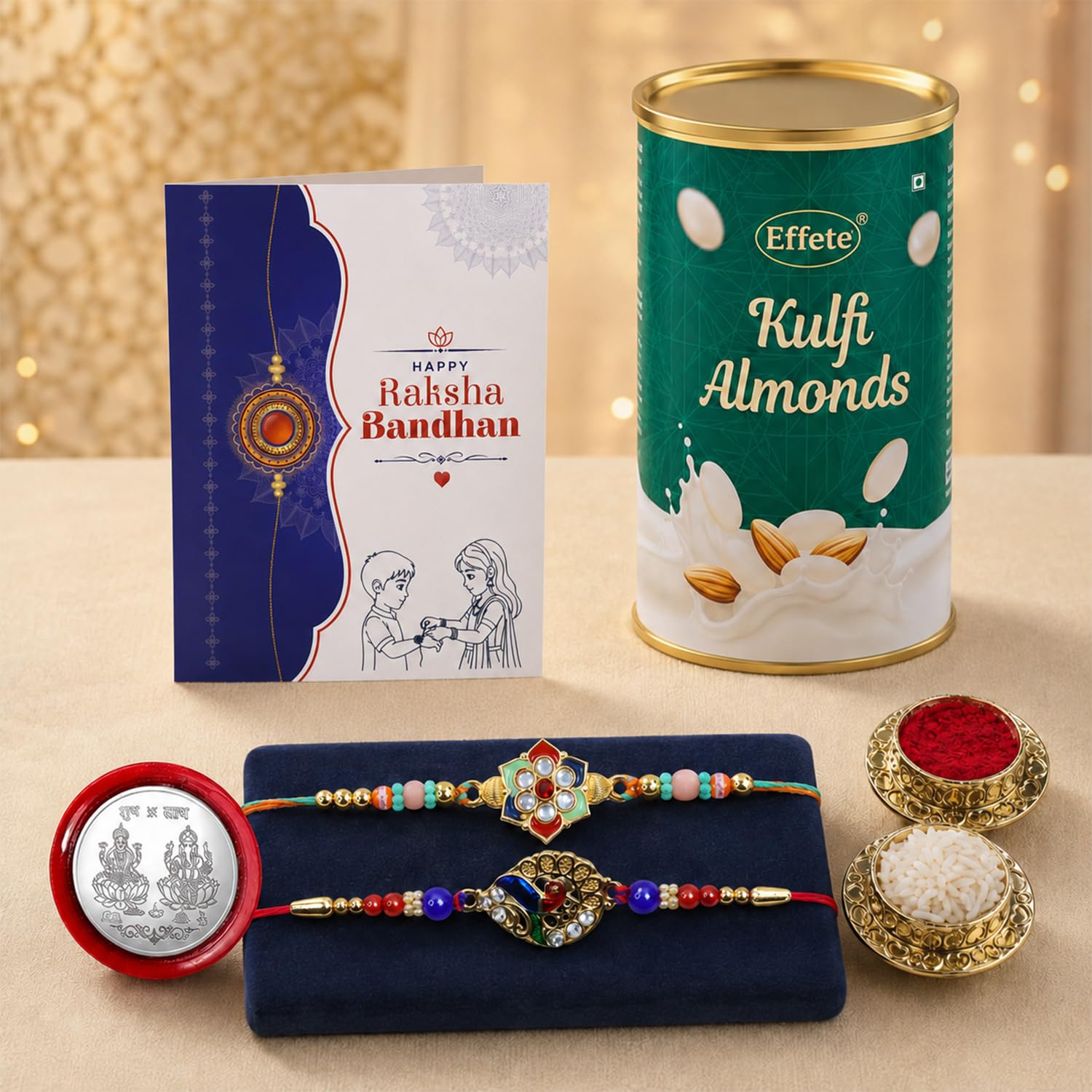 Multicolor Om Hari, Kundan Rakhi & Kulfi Almonds 96gm with Roli Chawal, Silver Color Pooja Coin & Greeting Card, Rakhi with chocolate, Rakshbandhan Combo, Pack of 6 For Raksha Bandhan
