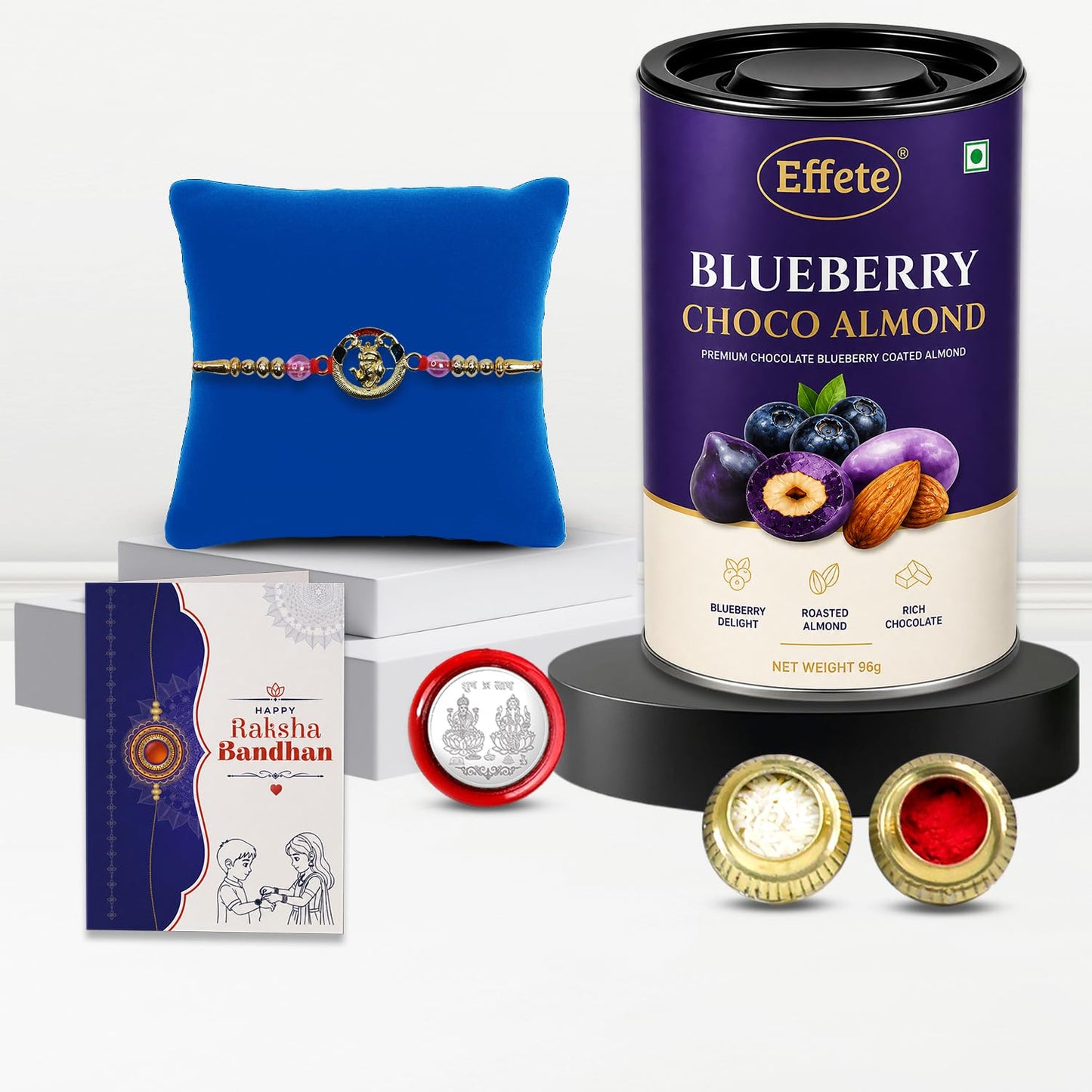 Rakhi with Chocolate for Brother – Raksha Bandhan Combo with Ganesha Stylish Rakhi, Chocolate, Roli Chawal, Silver Color Coin & Greeting Card – Traditional Festival Celebration (Set of 5)