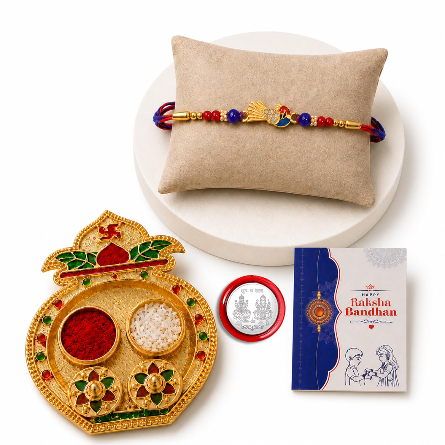 Multicolor Peacock Bracelet/Rakhi & Kalash Shape Pooja Thali with Silver Color Pooja Coin, Tikka/Tilak Set & Greeting Card, Rakhi Gift Hamper (Pack of 5) For Raksha Bandhan