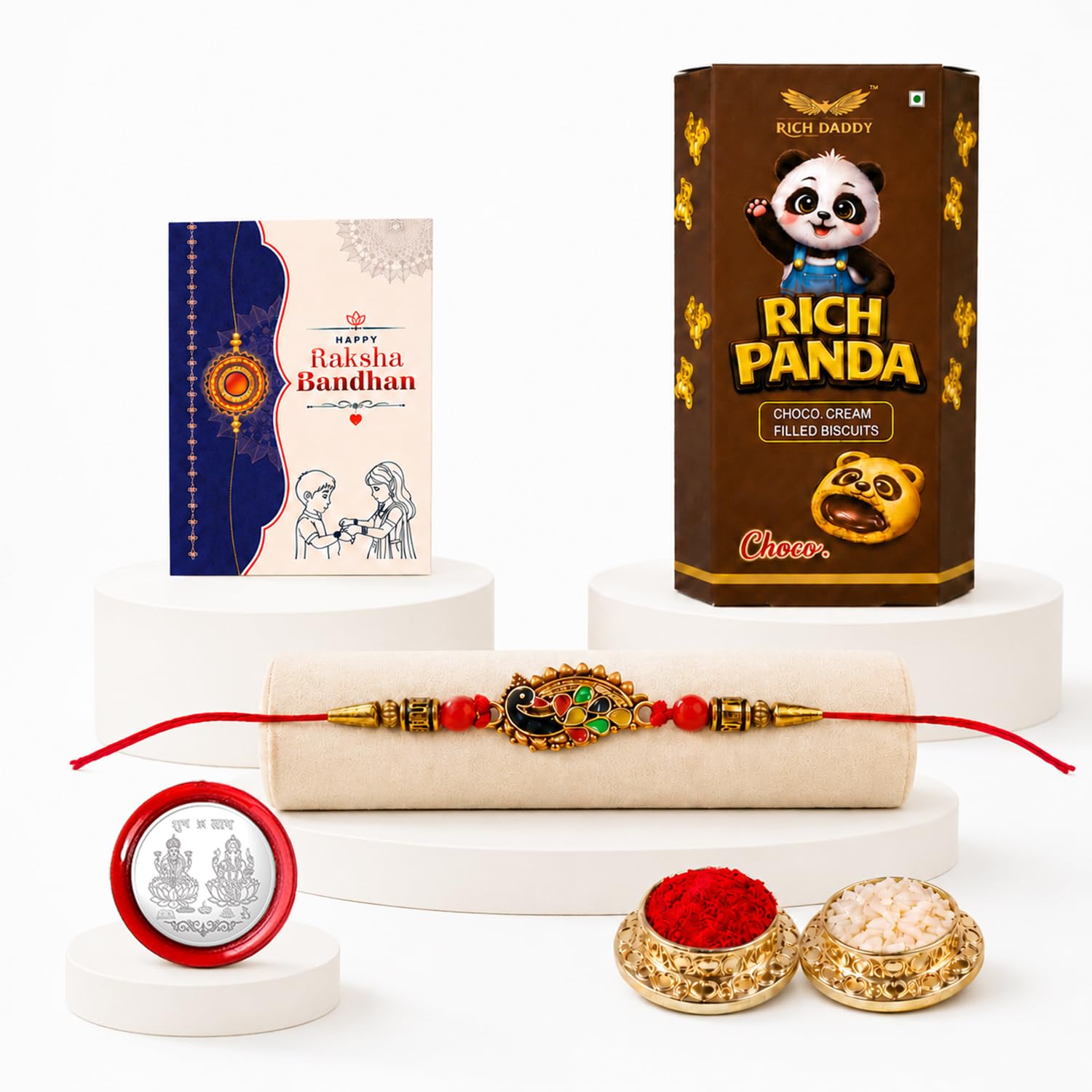 Peacock Rakhi for Brother with Choco Cream Biscuit 60gm, Coin & Card | Pack of 5