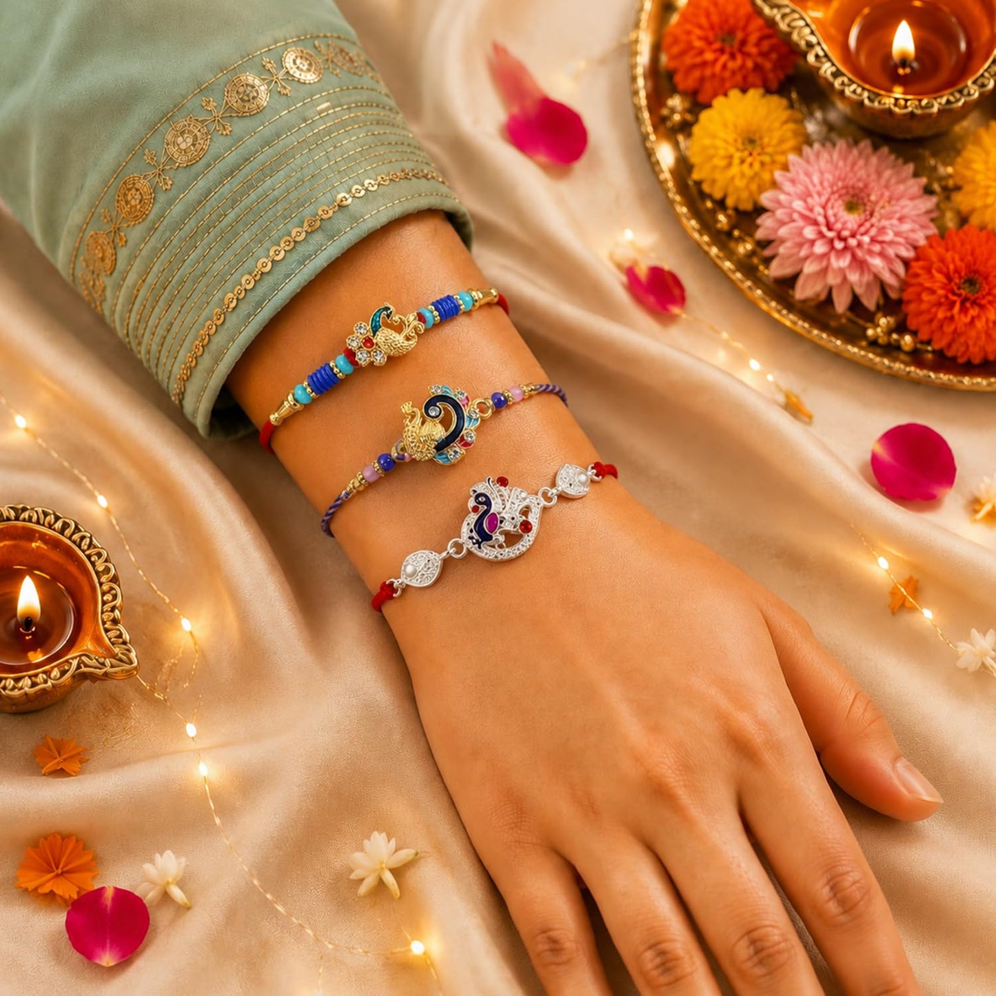 Designer Delightful Multicolor Rakhi for Brother with Roli Tikka, Pack of 6
