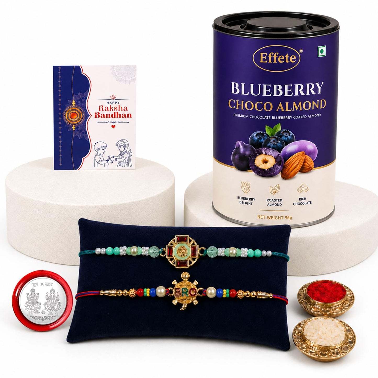 Multicolor Om, Turtle/Bro Rakhi & Blueberry Choco Almond 96gm with Roli Chawal, Silver Color Pooja Coin & Greeting Card, Fancy Rakhis for men stylish, Rakshbandhan Combo, Pack of 6 For Raksha Bandhan