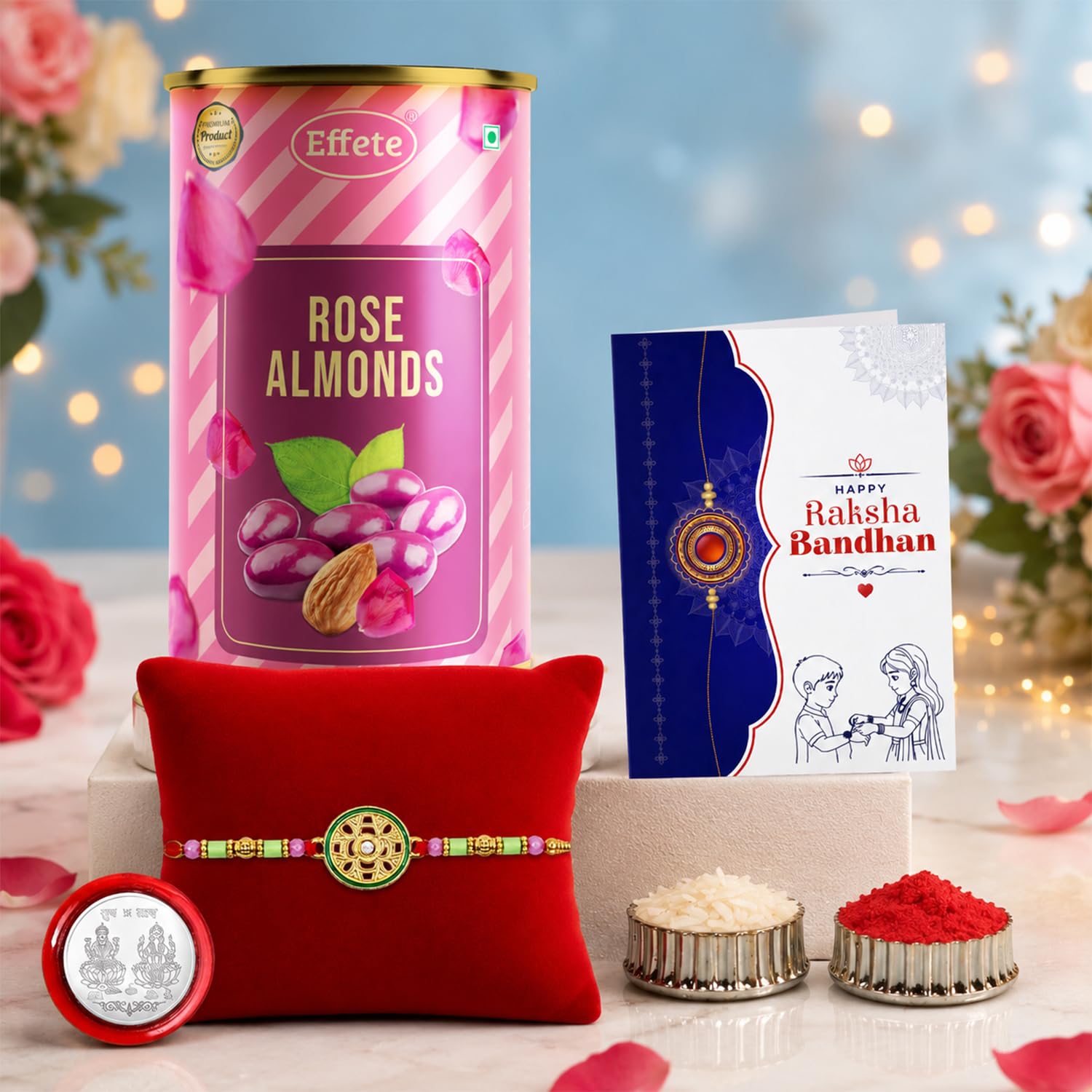 Classic Design Rakhi for Brother with Rose Almond 96gm, Coin & Card, Pack of 5