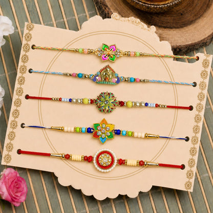 Elegant Exquisite Rakhi for Brother with Roli Tikka, Pooja Coin & Card, Pack of 8