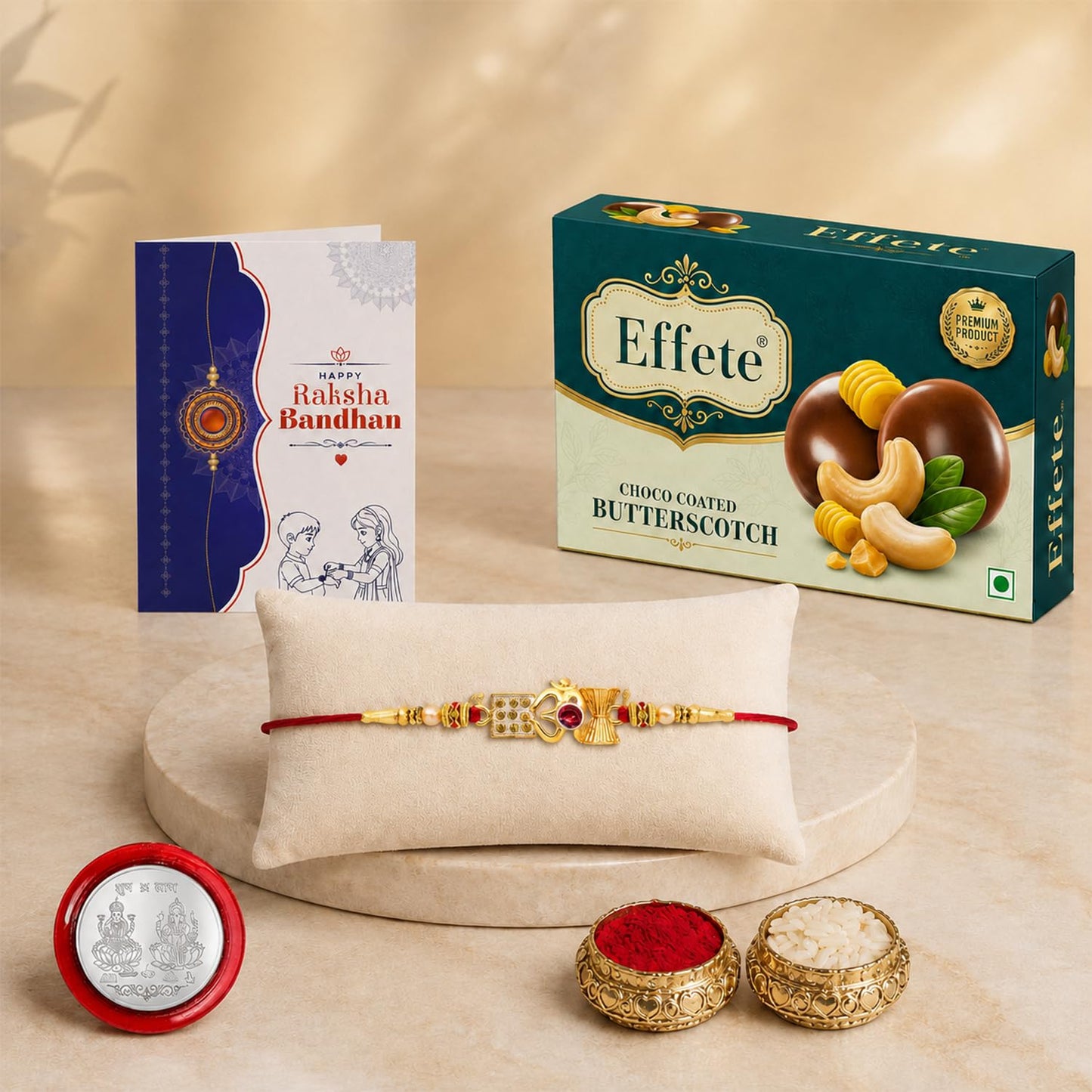 Designer Rakhi for Brother with Butter Scotch 32gm, Roli Chawal & Card, Pack of 5