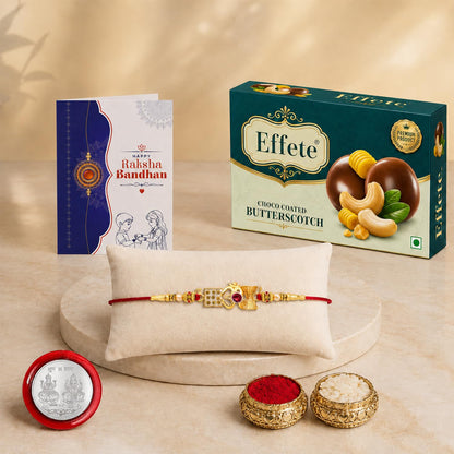 Designer Rakhi for Brother with Butter Scotch 32gm, Roli Chawal & Card, Pack of 5