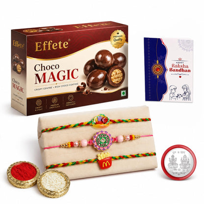 Floral Charm Rakhi for Brother with Chocolate Magic 96gm, Coin & Card, Pack of 7