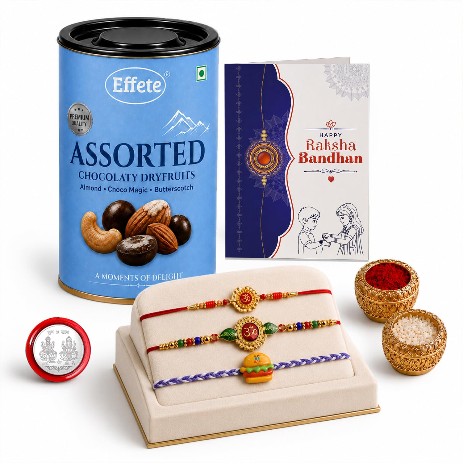 Rakhi with Chocolate for Brother (Set of 7) – Raksha Bandhan Festival Celebration Combo with OM Design 2 Pc & Food Shape 1 Pc Rakhi, Chocolate, Roli Chawal, Silver Color Coin & Greeting Card