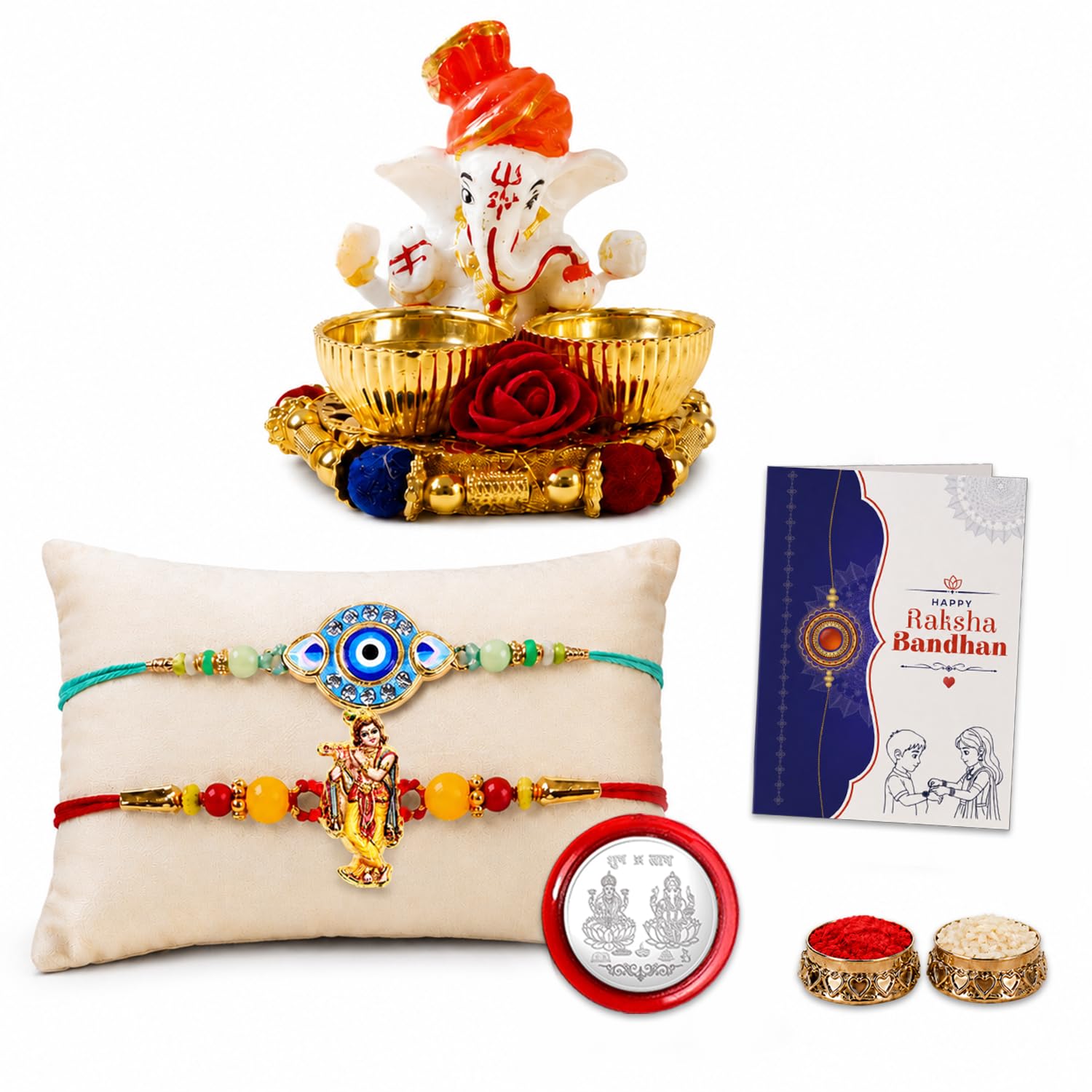 Designer Elegant Multicolor Evil Eye & Krishna Rakhi for Brother | Pack of 6
