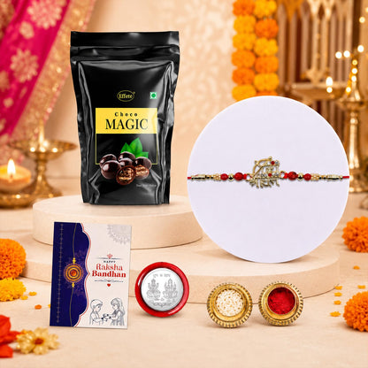 Rakhi with Chocolate for Brother – Raksha Bandhan Combo with Jai Shree Ram Rakhi, Chocolate, Roli Chawal, Silver Color Coin & Greeting Card – Traditional Festival Celebration Set (Pack of 5)