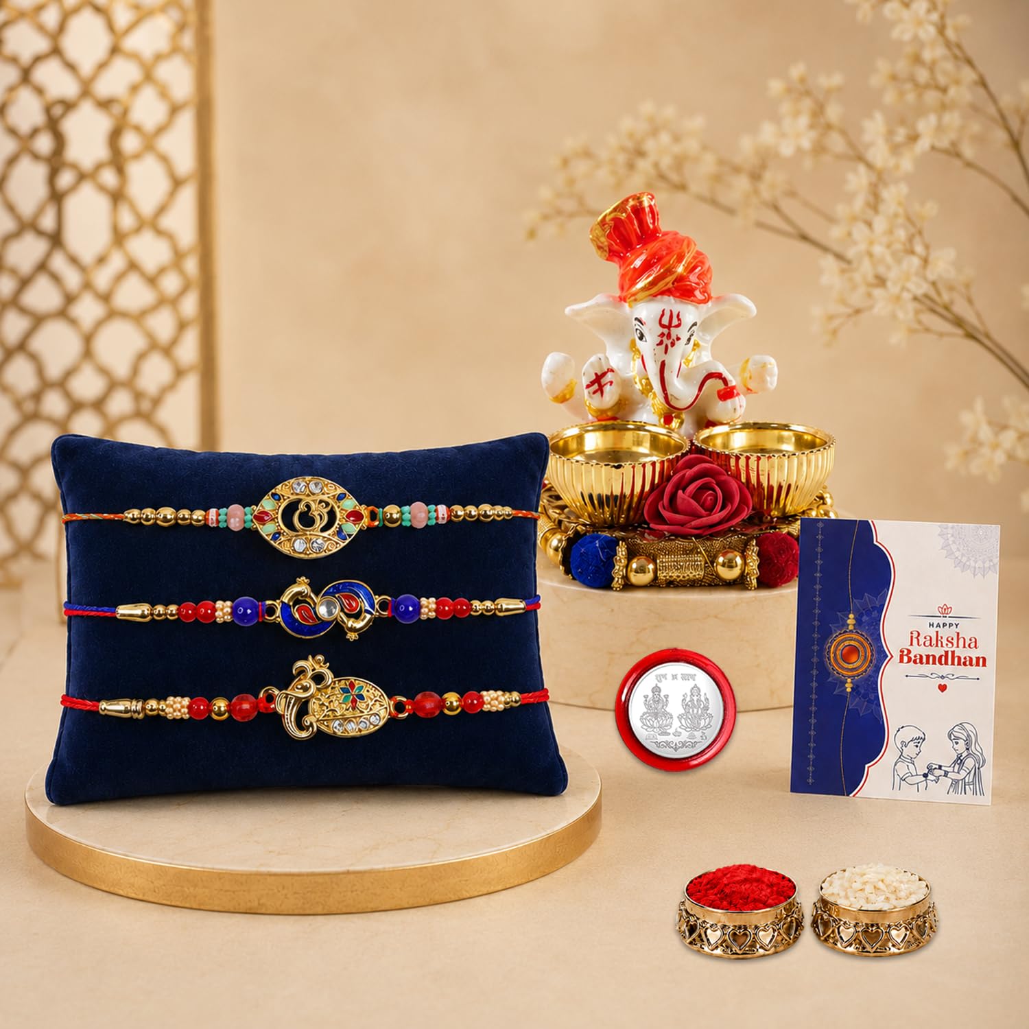Designer Elegant Multicolor OM, Peacock & Oval Rakhi for Brother | Pack of 7