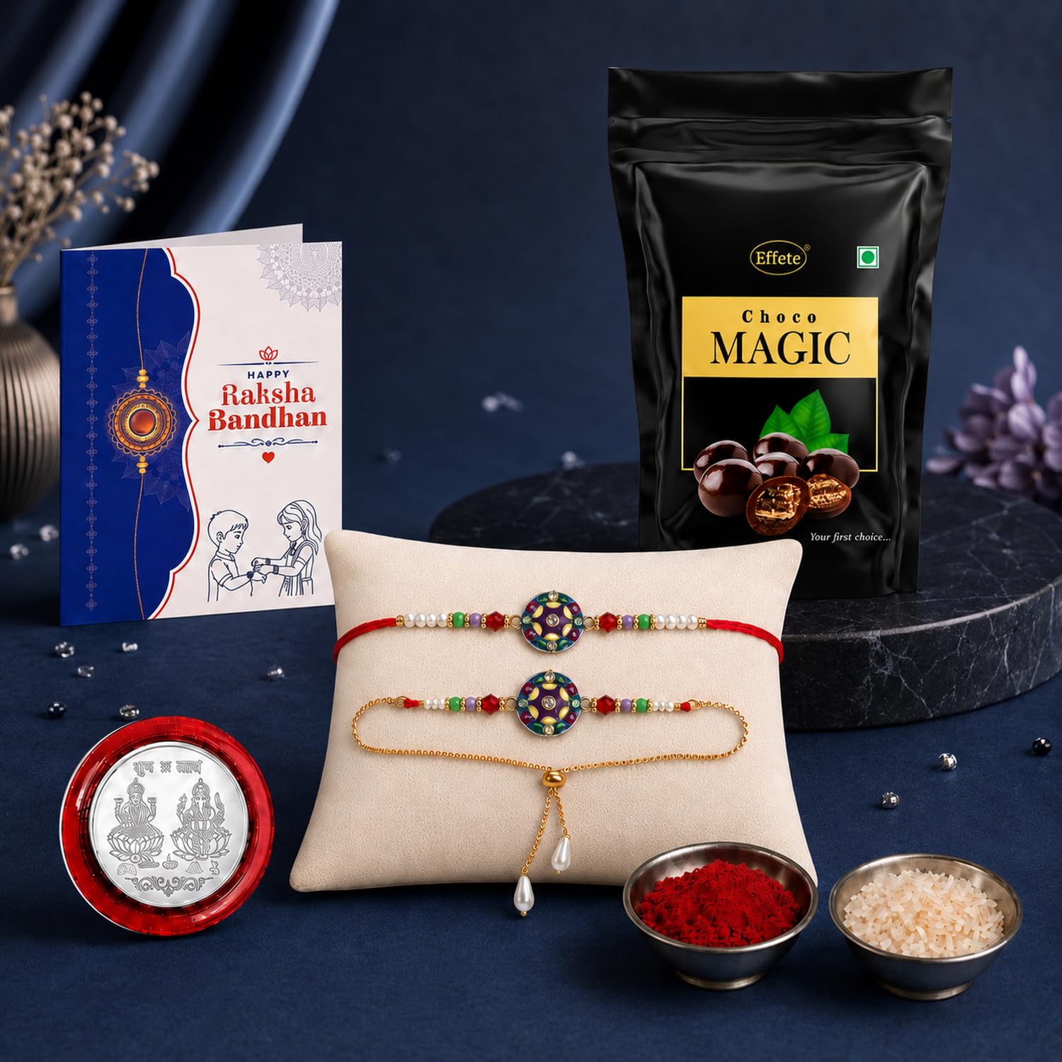 Rakhi for Brother with Chocolate Magic Pouch - Raksha Bandhan Gift Set, Pack of 5