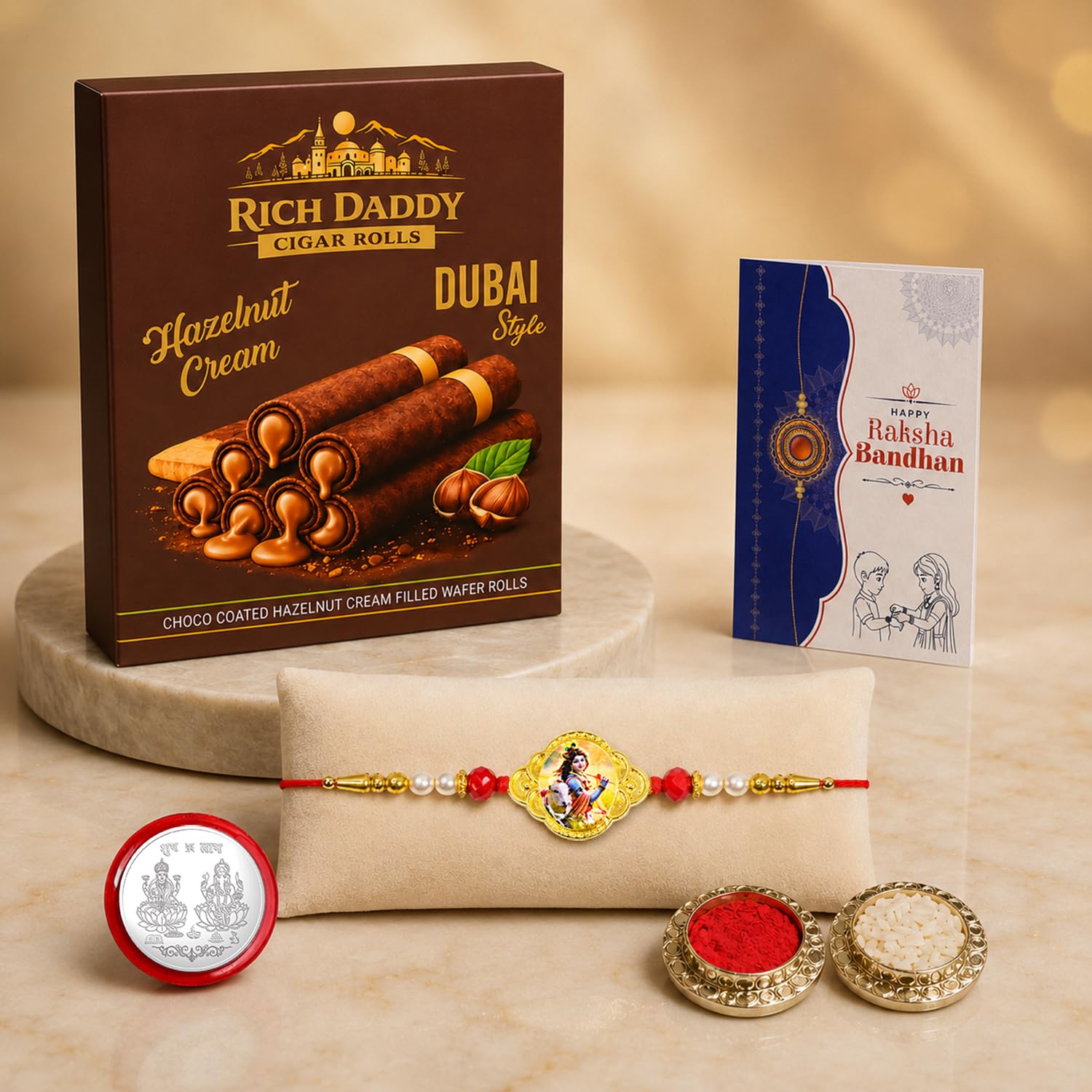 Krishna Rakhi for Brother with Hazelnut Wafer Rolls, Roli Tikka & Card, Pack of 5
