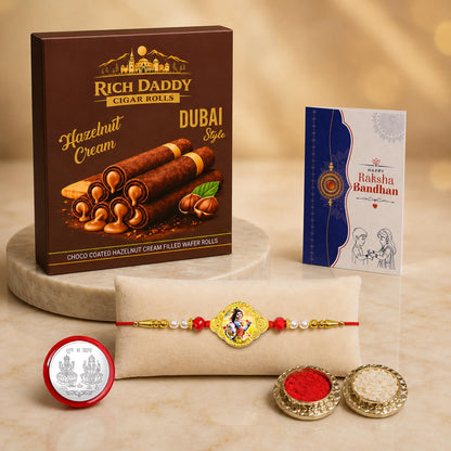 Krishna Rakhi for Brother with Hazelnut Wafer Rolls, Roli Tikka & Card, Pack of 5