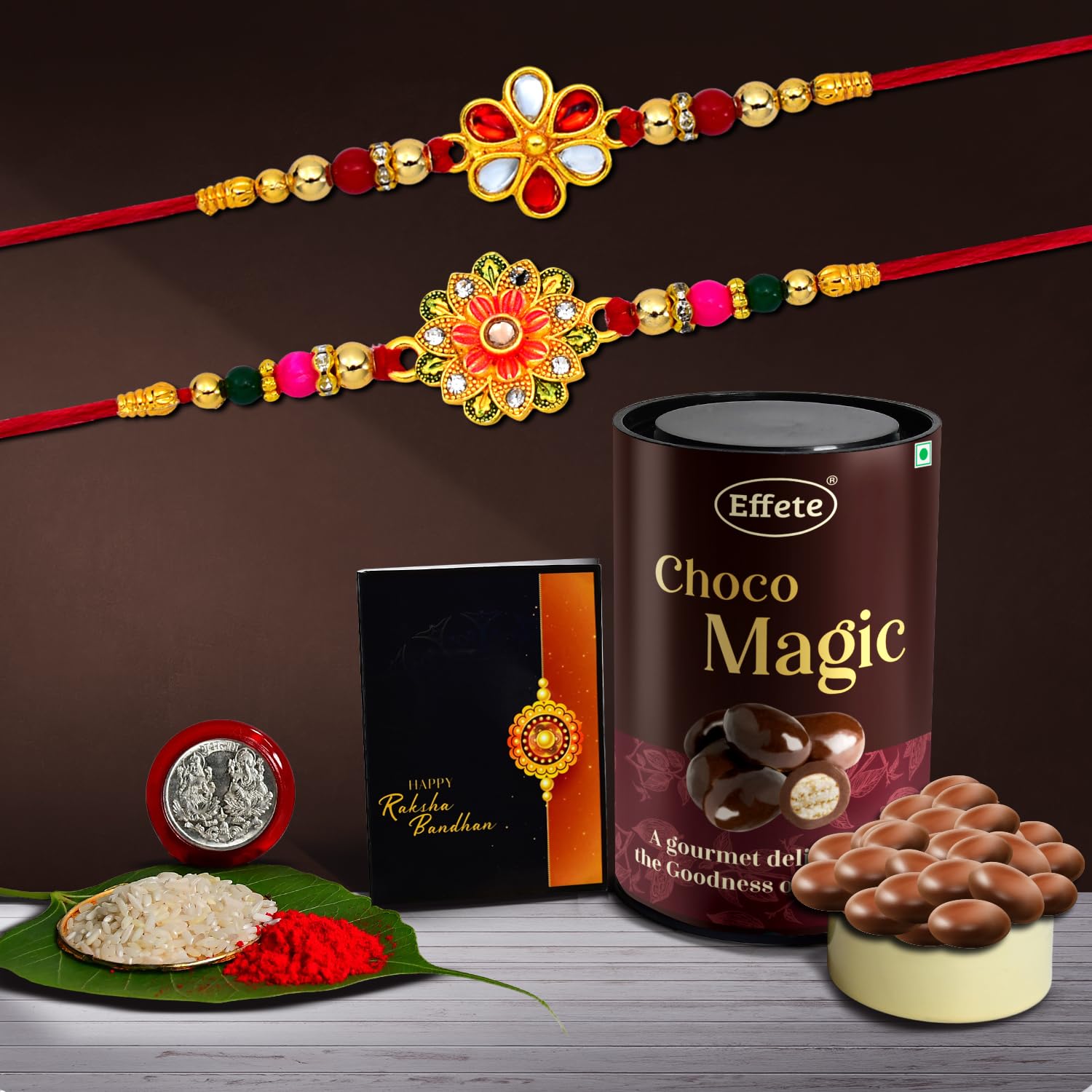 Flower Design Rakhi For Brother Set Of 1, Chocolate with Rakhi (K2_322+323_EM)