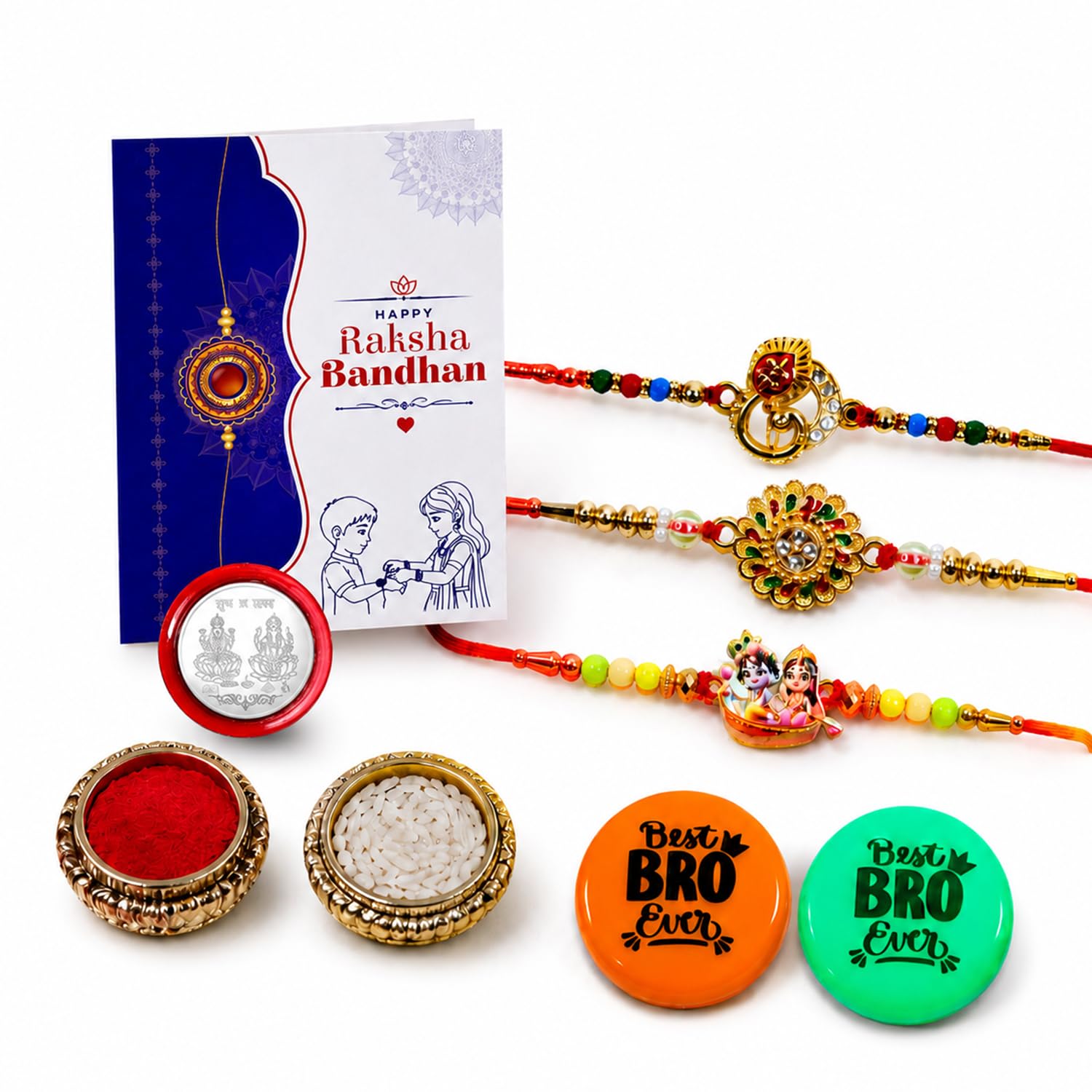 Multicolor Rakhi Combo with Leaf Charm, Krishna Radha, Floral Motif | Pack of 8