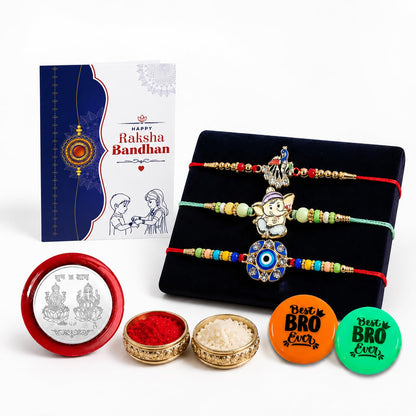 Multicolor Rakhi Peacock, Ganesh Charm, Evil Eye & Multicolour Decorative Magnets