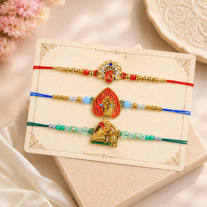 Flower, Radha Krishna, Ganesha Multicolor Rakhi for Brother & Bhaiya | Pack of 7