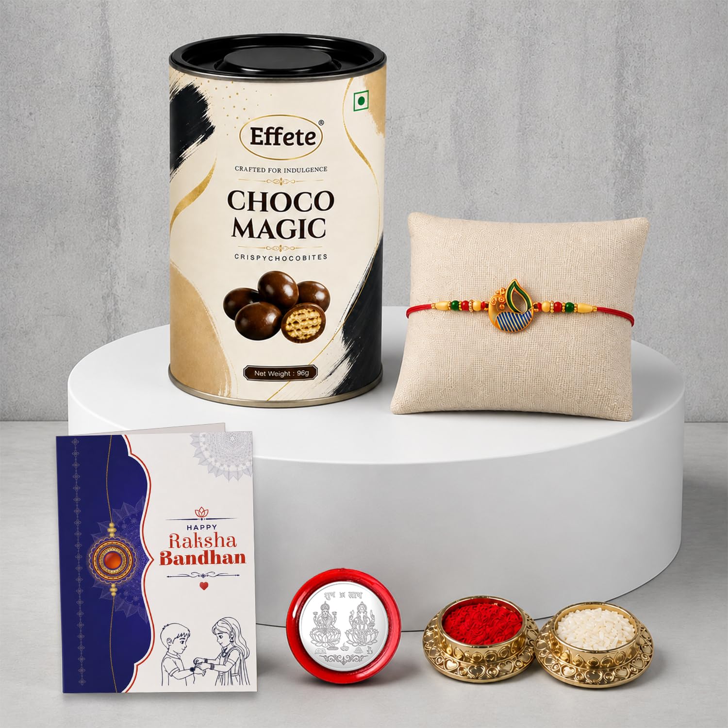 Peacock Rakhi for Brother with Choco Magic 96gm, Roli Tikka & Card | Pack of 5