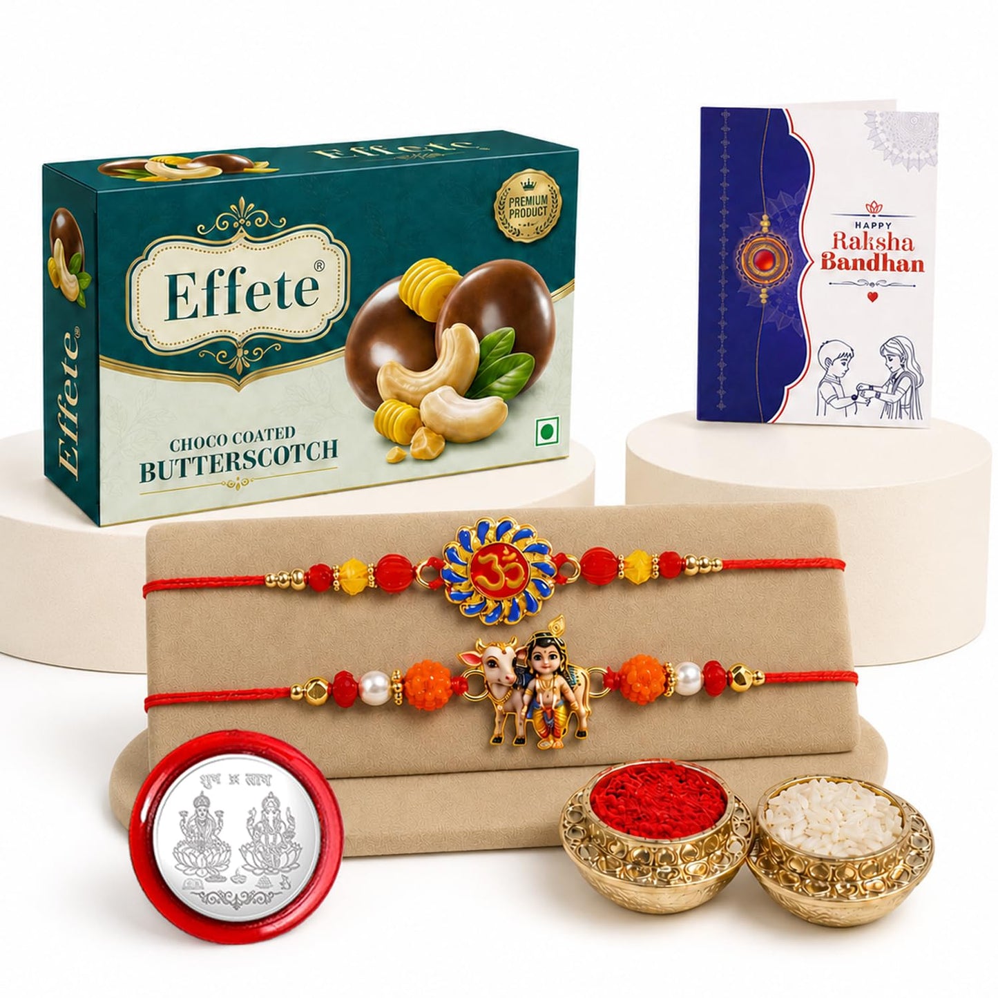 Om, Krishna Cow Rakhi Combo - Raksha Bandhan Gift with Choco Butterscotch 32gm, Pack of 6