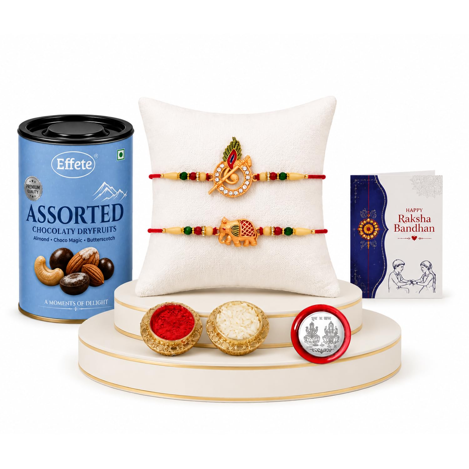 Feather Rakhi for Brother with Choco Dryfruits 96gm, Roli Tikka & Card, Pack of 6