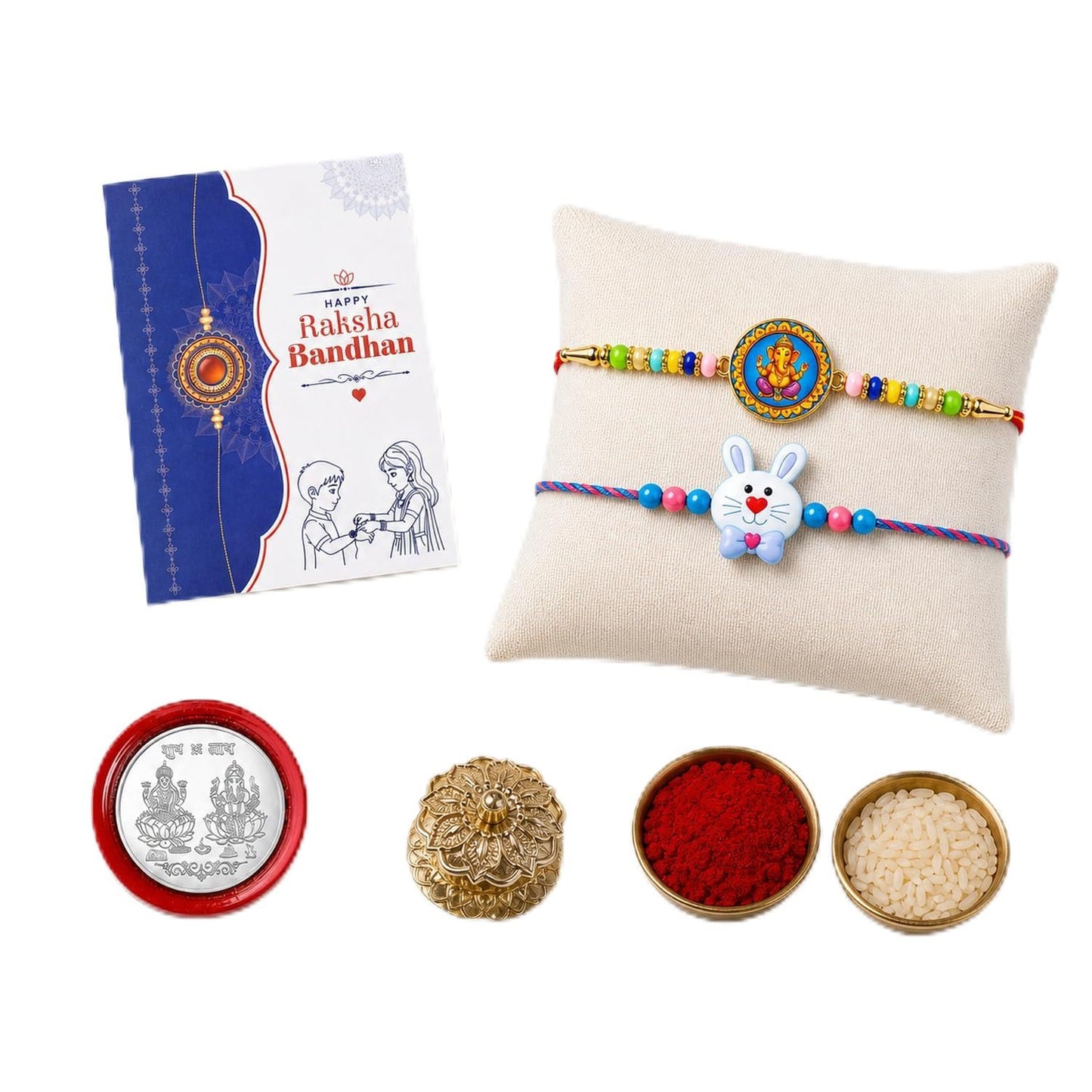 Ganesh, Bunny Multicolor Rakhi for Brother & Bhaiya with Golden Pooja | Pack of 6