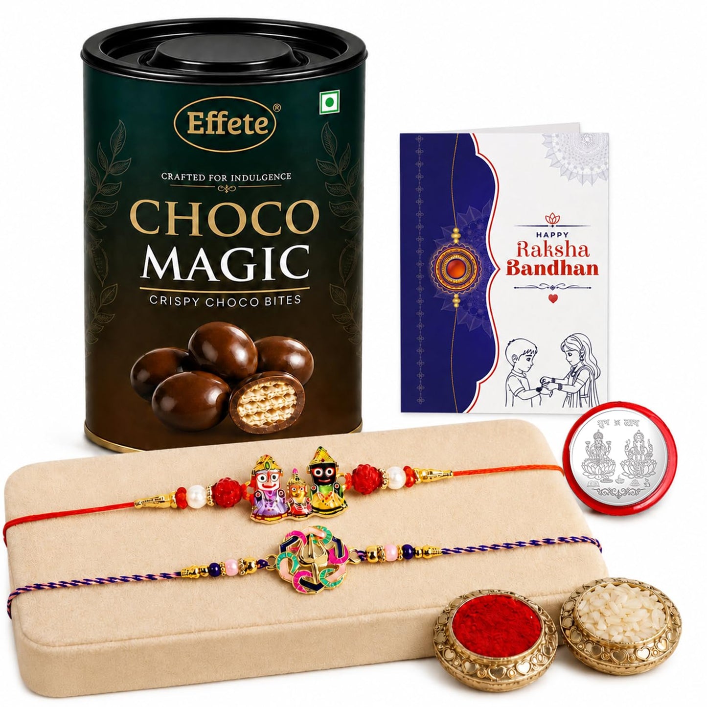 Rakhi with Chocolate for Brother (Set of 6) – Raksha Bandhan Festival Celebration Combo with Jagannath & Swatik Design Rakhi, Chocolate, Roli Chawal, Silver Color Pooja Coin & Greeting Card