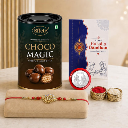 Om Rakhi for Brother with Chocolate Magic 96gm, Roli Tikka & Card - Pack of 5