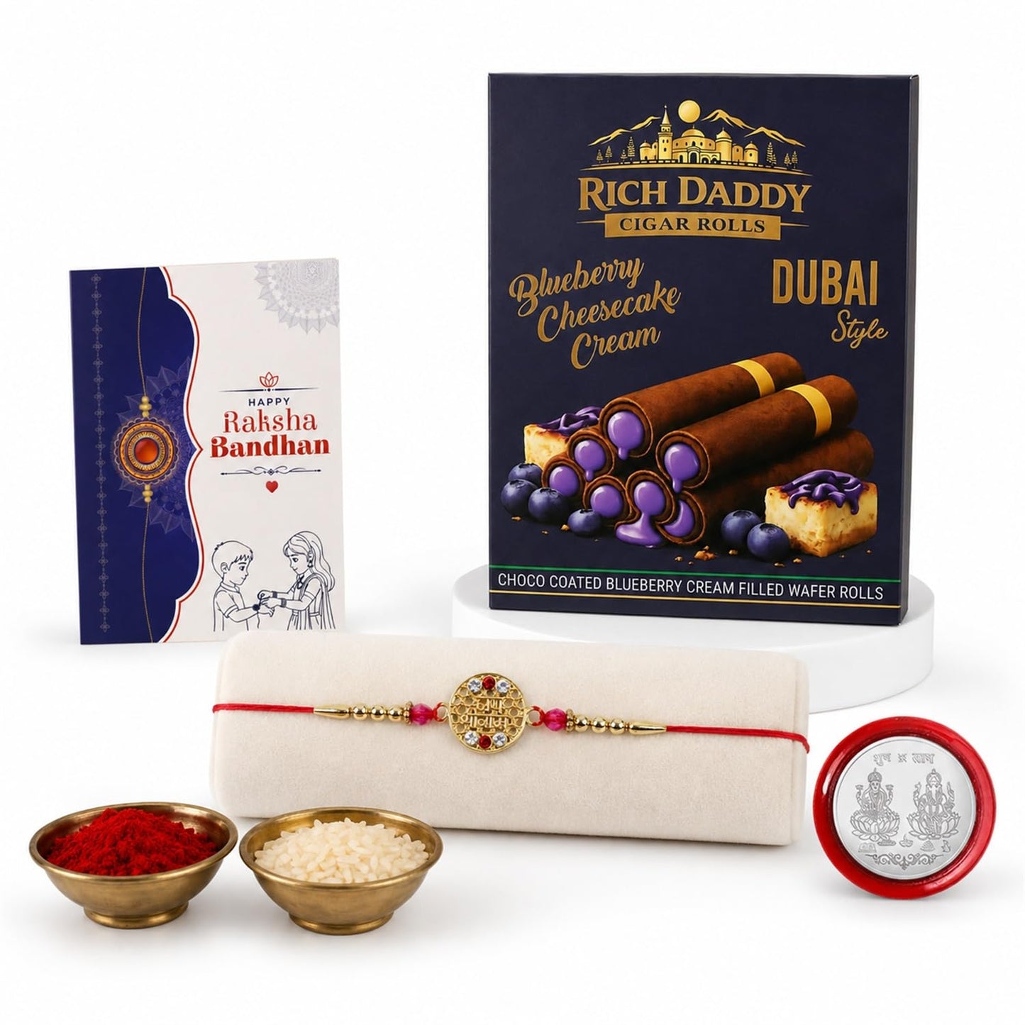 Jai Shree Ram Rakhi for Brother with Blueberry Wafer Rolls, Roli Tikka, Pack of 5