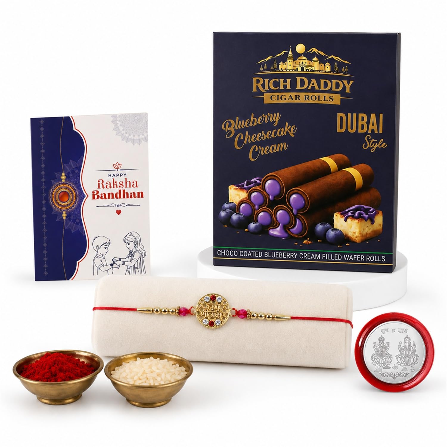 Jai Shree Ram Rakhi for Brother with Blueberry Wafer Rolls, Roli Tikka, Pack of 5