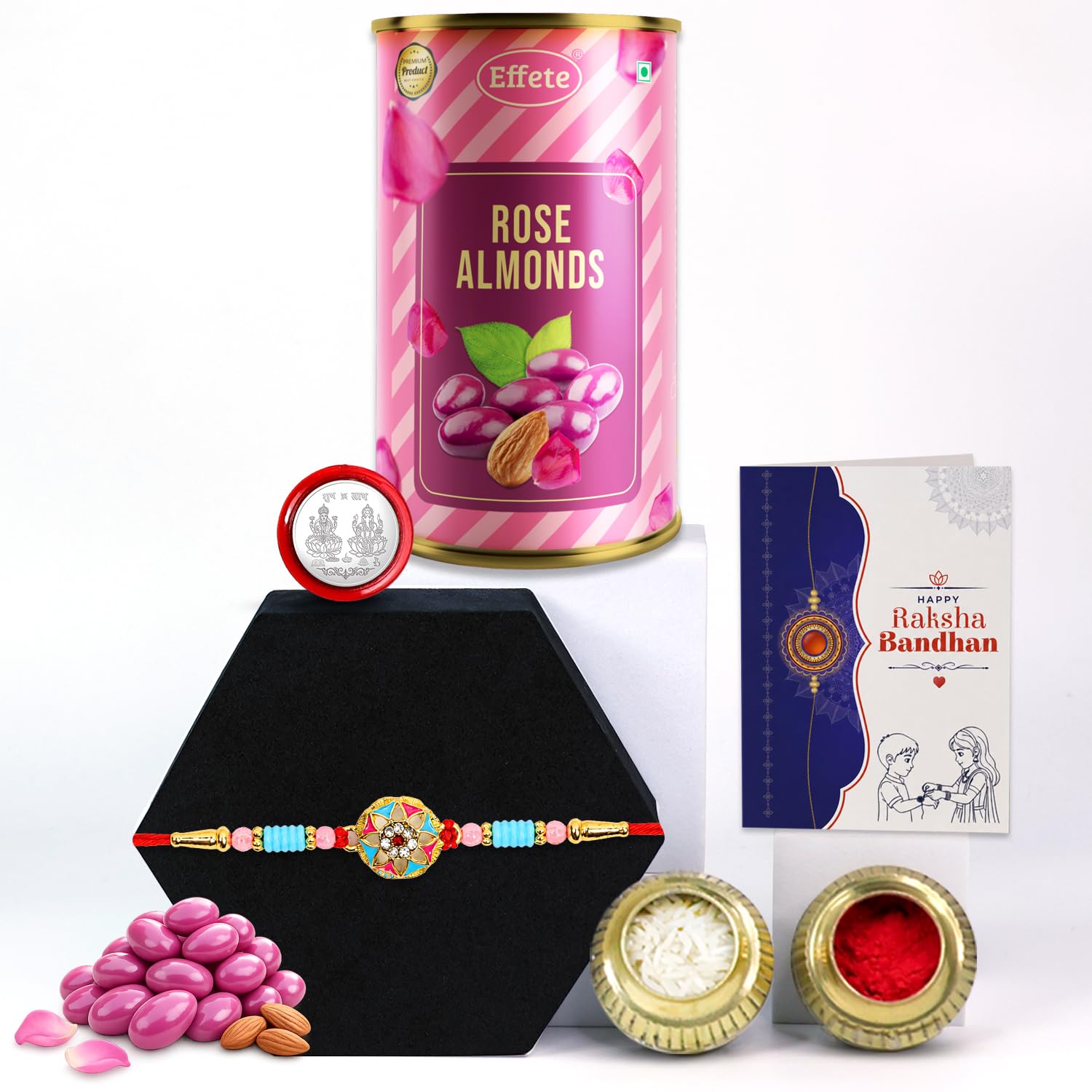 Designer Combo Rakhi for Brother with Rose Almond 96gm, Coin & Card, Pack of 5