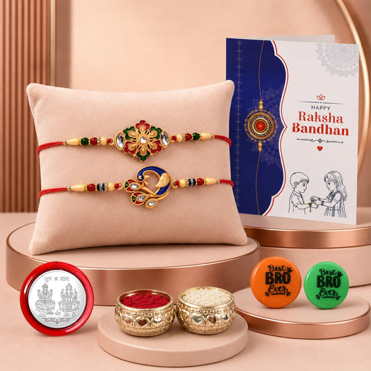 Multicolor Flower, Peacock Rakhi & Decorative Magnets 2pcs with Roli Chawal, Silver Color Pooja Coin & Greeting Card, Rakhi with Gift, Pack of 7 For Raksha Bandhan