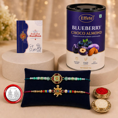 Multicolor Om, Turtle/Bro Rakhi & Blueberry Choco Almond 96gm with Roli Chawal, Silver Color Pooja Coin & Greeting Card, Fancy Rakhis for men stylish, Rakshbandhan Combo, Pack of 6 For Raksha Bandhan