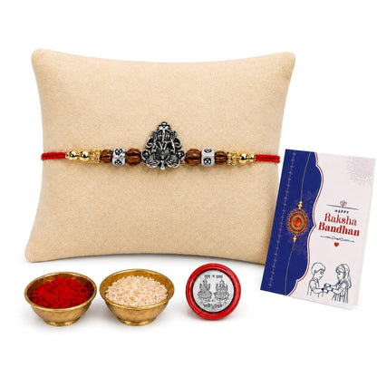 Krishna Beads Rakhi for Brother with Tilak Set, Pooja Coin & Card, Rakhi Set (V2)
